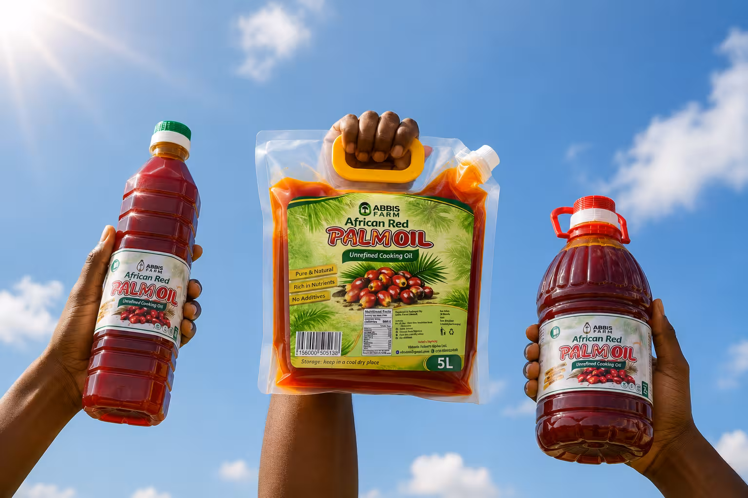 Abbis Farm palm oil bottles
